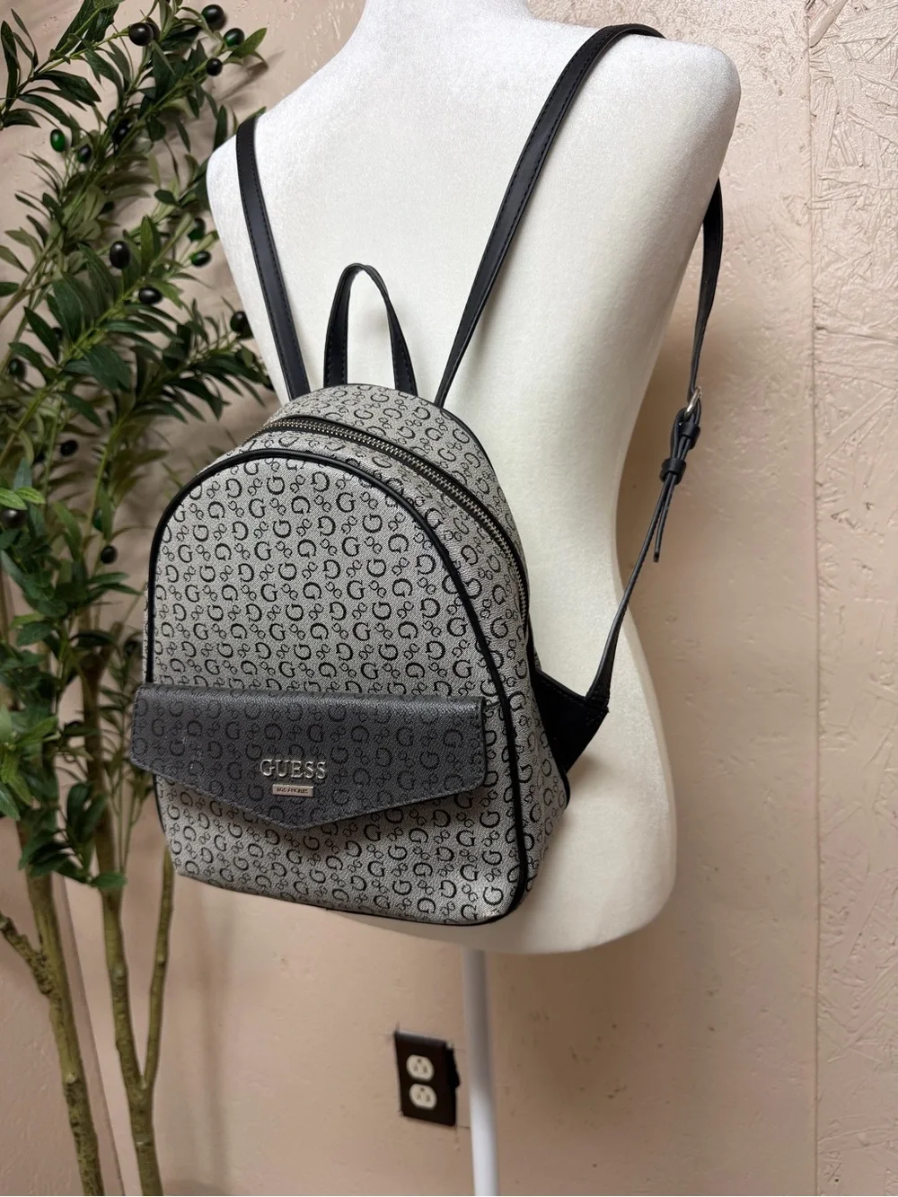 GUESS Gray Logo-Print Mini Backpack with Black Trim